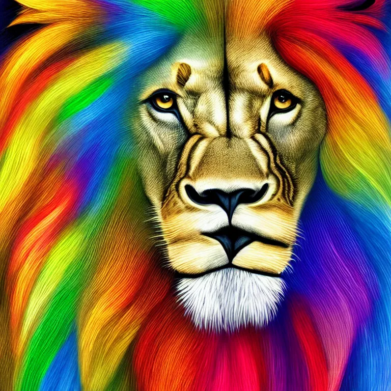 Image similar to Portrait of an anthropomorphic lion with rainbow colored mane