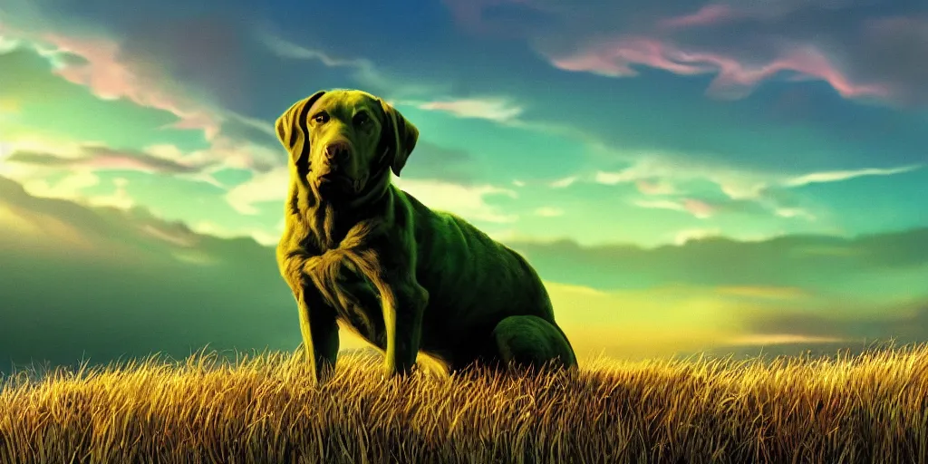 Prompt: hyperrealist, graphic novel illustration of a bulky green alien labrador retriever with shaggy green fur with green dye sitting on a hill with lush long grass, dramatic sunset with red sky and fluffy clouds, pulp 7 0's sci - fi vibes, 9 0's hannah barbara fantasy animation, cinematic, movie still, studio ghibli masterpiece