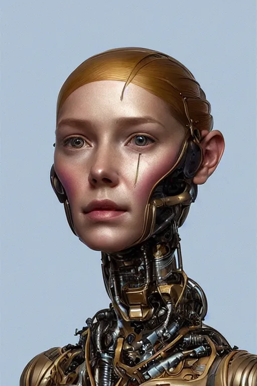 Image similar to portrait of a female robot mother, intricate, dystopian toy, sci-fi, extremely detailed, digital painting, sculpted in zbrush, artstation, concept art, smooth, sharp focus, illustration, chiaroscuro lighting, golden ratio, incredible art by artgerm and greg rutkowski and alphonse mucha and simon stalenhag