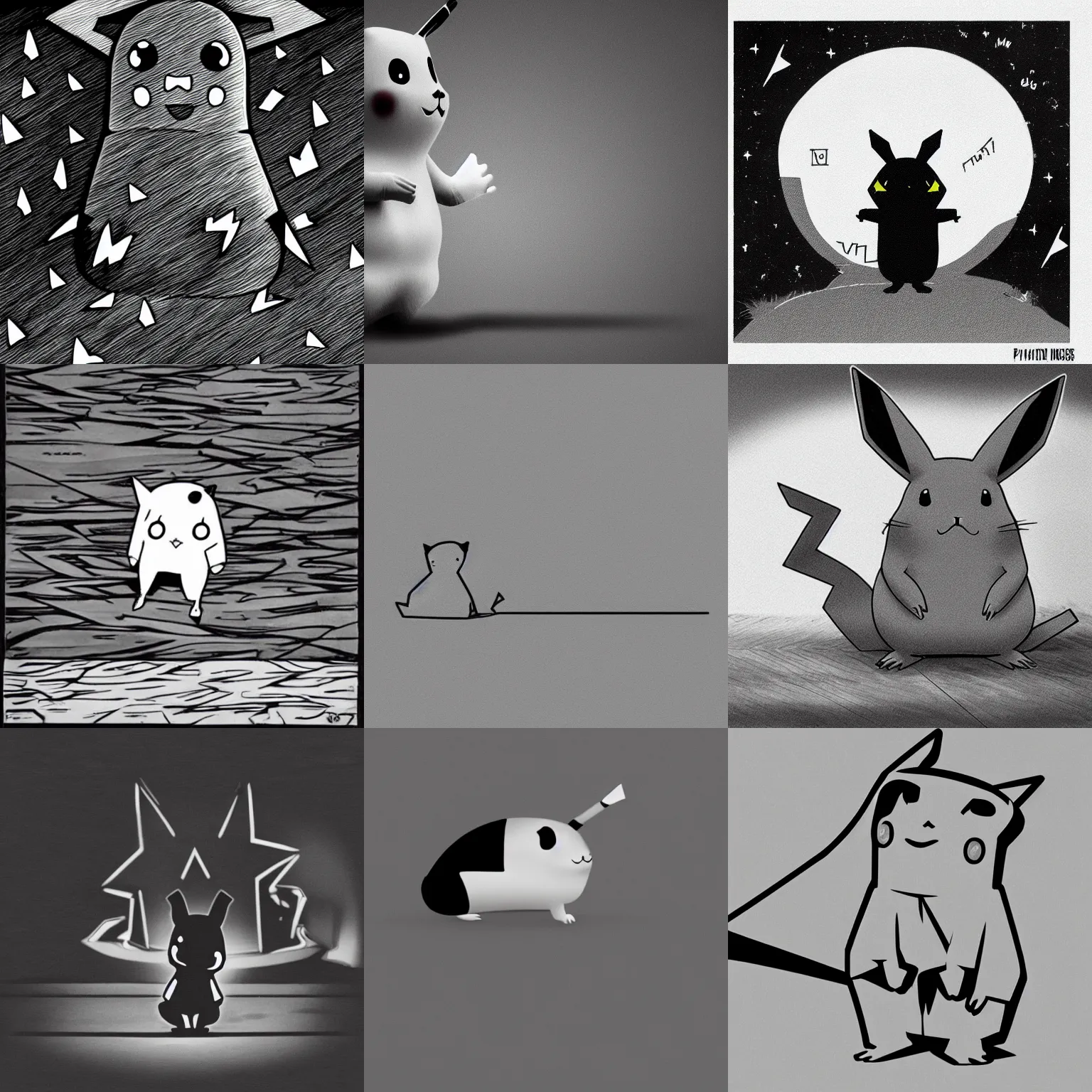 Prompt: Elongated pikachu stalking at night, black and white, cursed image