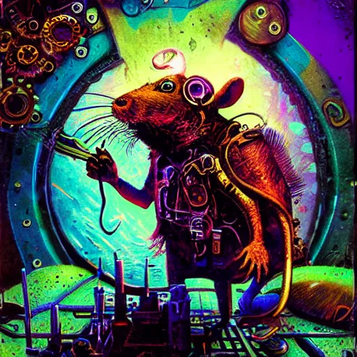 Image similar to steampunk rat, acid, 303, psychedelic, by paul lehr