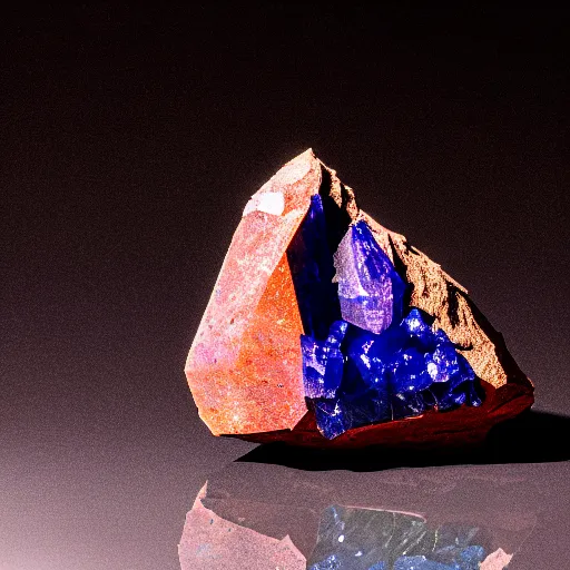 Image similar to a mineral rock, in a dark studio room. Photography of rare minerals. Tanzanite, Red Beryl, Bixbite, Red Emerald, Scarlet Emerald, Opal, Quartz, Elbaite, Calcite, Kunzite. in the style of Mike Rathke.