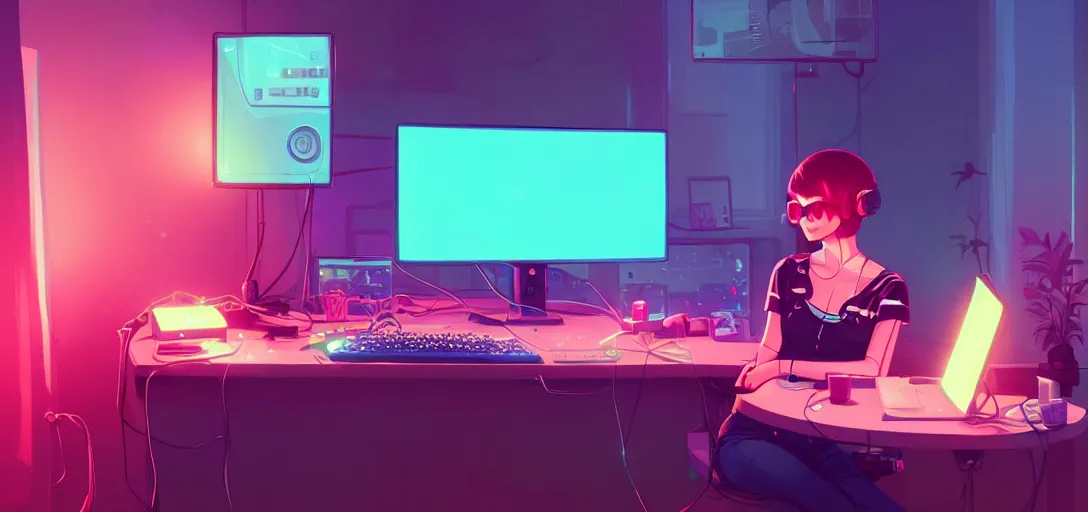 Image similar to a woman sitting in front of screens, gamer, computer nerd, cute room, neon lights, gamer aesthetic, lofi vibes, strong crisp lineart and flat color, by ilya kuvshinov, krenz cushart, Greg Rutkowski, trending on artstation