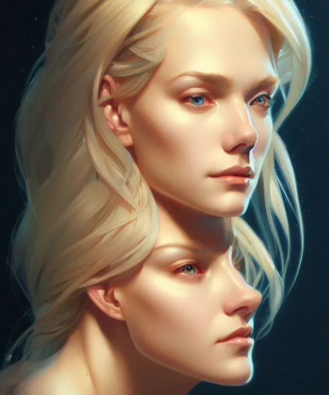 Image similar to blonde girl portrait, sci-fi face, elegant, highly detailed, digital painting, artstation, concept art, smooth, sharp focus, illustration, art by artgerm and greg rutkowski and alphonse mucha