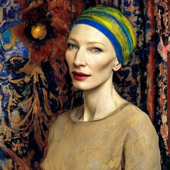 Image similar to cate blanchett by Annie Swynnerton and Nicholas Roerich and Vermeer, strong dramatic cinematic lighting , ornate headdress , lost civilizations, smooth, sharp focus, extremely detailed