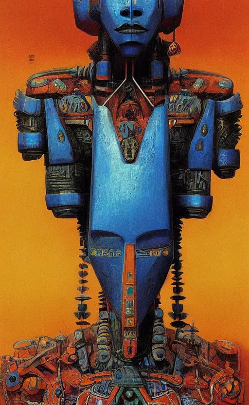 Image similar to portrait of mecha african tribal chief, insibidi symbols, symmetrical, dramatic lighting, colourful, art by zdzislaw beksinski,