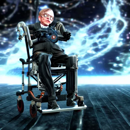 Prompt: screenshot of stephen hawking in an exoskeleton suit in tekken