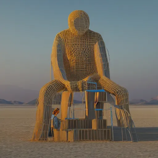 Prompt: highly detailed 3d render of burning man festival sculpture of man made of cornflowers by Beeple