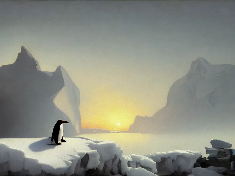 Image similar to an oil painting of a penguin playing in pure white snow on a misty iceberg at dusk. aurora. by tuomas korpi moebius and carl spitzweg. baroque elements. intricate artwork by caravaggio. oil painting. oil on canvas. award winning. dramatic. trending on artstation. 8 k