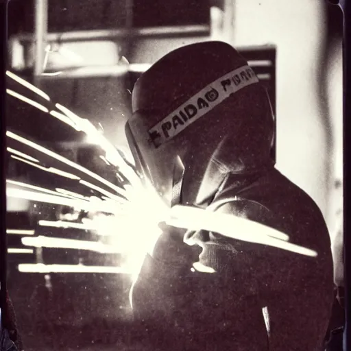 Image similar to a polaroid of a person welding, cinematic atmosphere