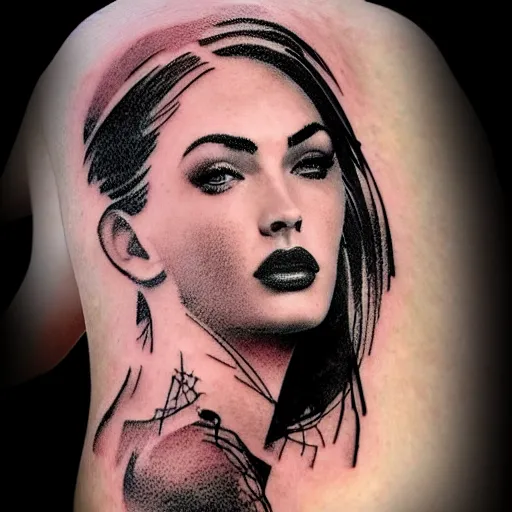 Image similar to double - exposure tattoo sketch of megan fox shaped in beautiful mountains, in the style of dan mountford