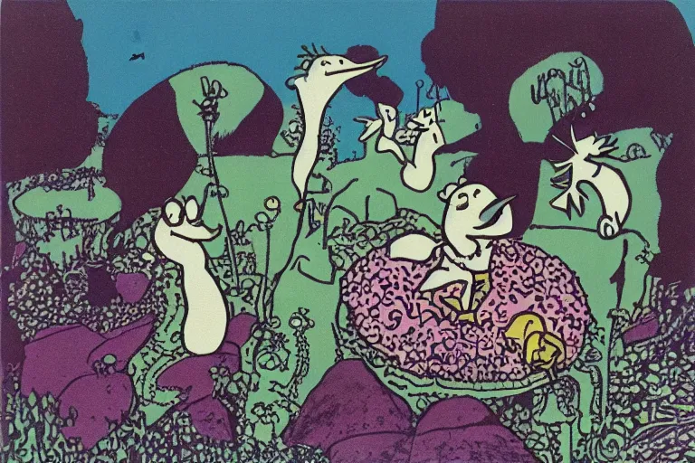 Prompt: best punk rock album cover never released by the moomins, design by tove jansson, beautiful, photorealistic, hyperrealistic, highly detailed, high resolution, 4 k