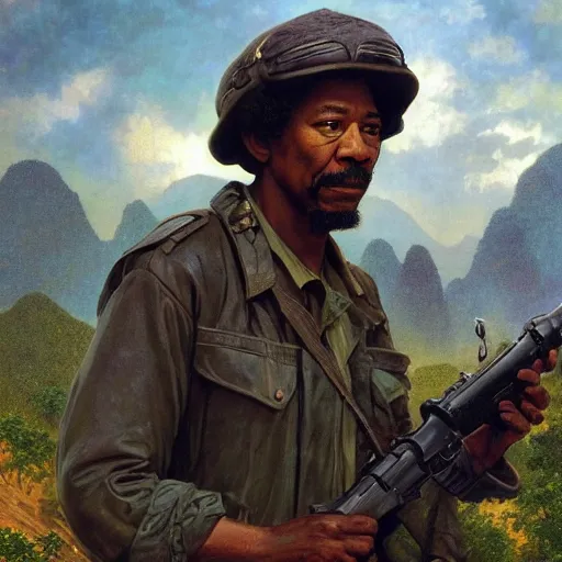 Prompt: an extremely detailed matte painting of a ridiculously good looking morgan freeman that looks like a jewish gigachad in the vietnam war, wearing a ballistic helmet from patton, long curly hair, camouflaged gear, very detailed, jungles of vietnam beautiful, intricate, cinematic, artstation, william bouguereau, alphonse mucha, greg rutkowski, stanley kubrick, octane render