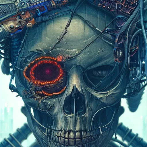 Prompt: An extremely detailed matte painting of a cyberpunk skeleton with highly detailed and intricate electric eyes, by android jones and greg rutkowski, Trending on artstation, hyperrealism, elegant, stylized, highly detailed digital art, 8k resolution, hd, rendered in octane, oil on canvas