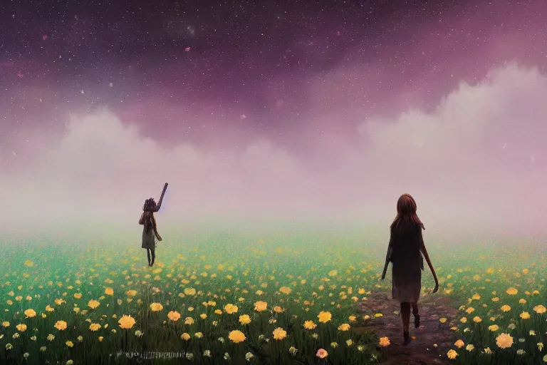 Image similar to giant bunch of daisy flowers head, girl walking in dark forest, surreal photography, dark night, stars, moon light, impressionist painting, clouds, digital painting, artstation, simon stalenhag