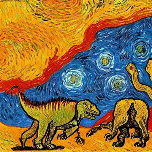 Prompt: painting of the extinction of the dinosaurs with asteroid and fire, in the style of vincent van gogh