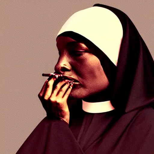 Image similar to a black nun wearing shiny jewelry, she's smoking a joint and puffing a lot of smoke, by Beksinski, lens flares, minimalistic background