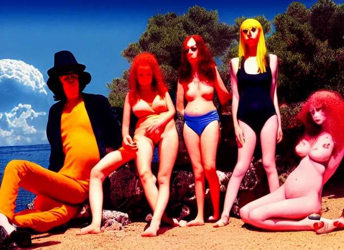 Image similar to photo of dadcore occult wizards and momcore witches on vacation in ibiza, by richard corben by william eggleston by annie leibovitz, fujifilm velvia 5 0. masterpiece. intricate, hyper realism, high detail, octane render, unreal engine, 8 k, by katsuhiro otomo