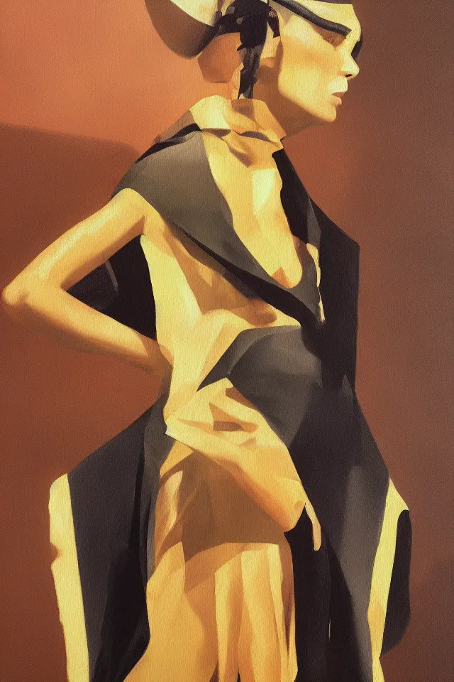 Prompt: sfumato renaissance oil painting of a modern shaman, modern minimal isei miyake outfit, in the style of lara jade, syd mead, concept art