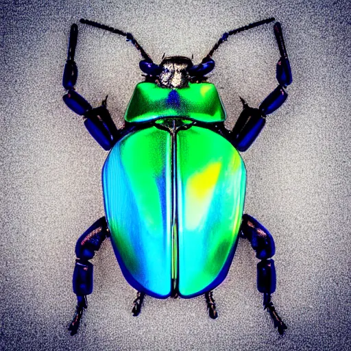 Image similar to iridescent metal cyber beetle. white background. macro