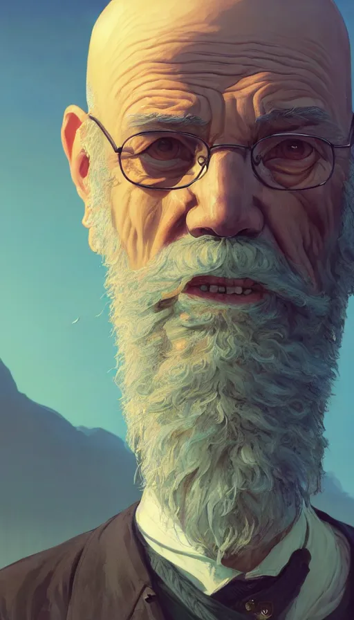 Image similar to highly detailed portrait old man with ling beard and vstyle bald head schopenhauer in gta v, stephen bliss, unreal engine, fantasy art by greg rutkowski, loish, rhads, ferdinand knab, makoto shinkai and lois van baarle, ilya kuvshinov, rossdraws, tom bagshaw, global illumination, radiant light, detailed and intricate environment