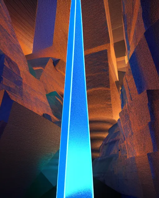 Image similar to blue shiny bismuth crystalline obelisk glowing luminated structures in a giant cave rendered in octane