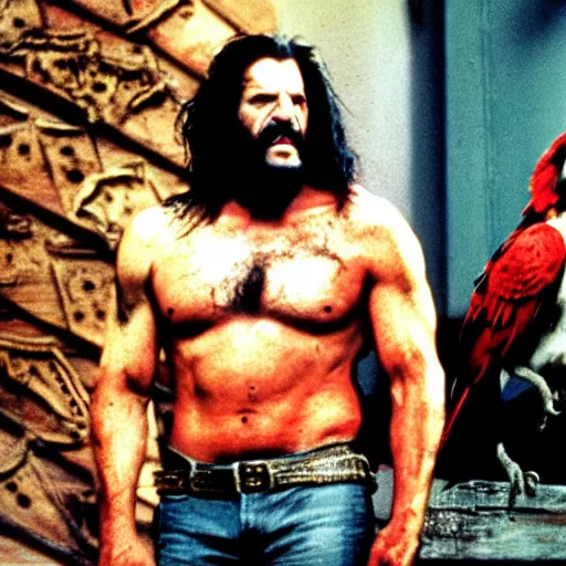 Prompt: Lobo the main man, with a parrot, movie still