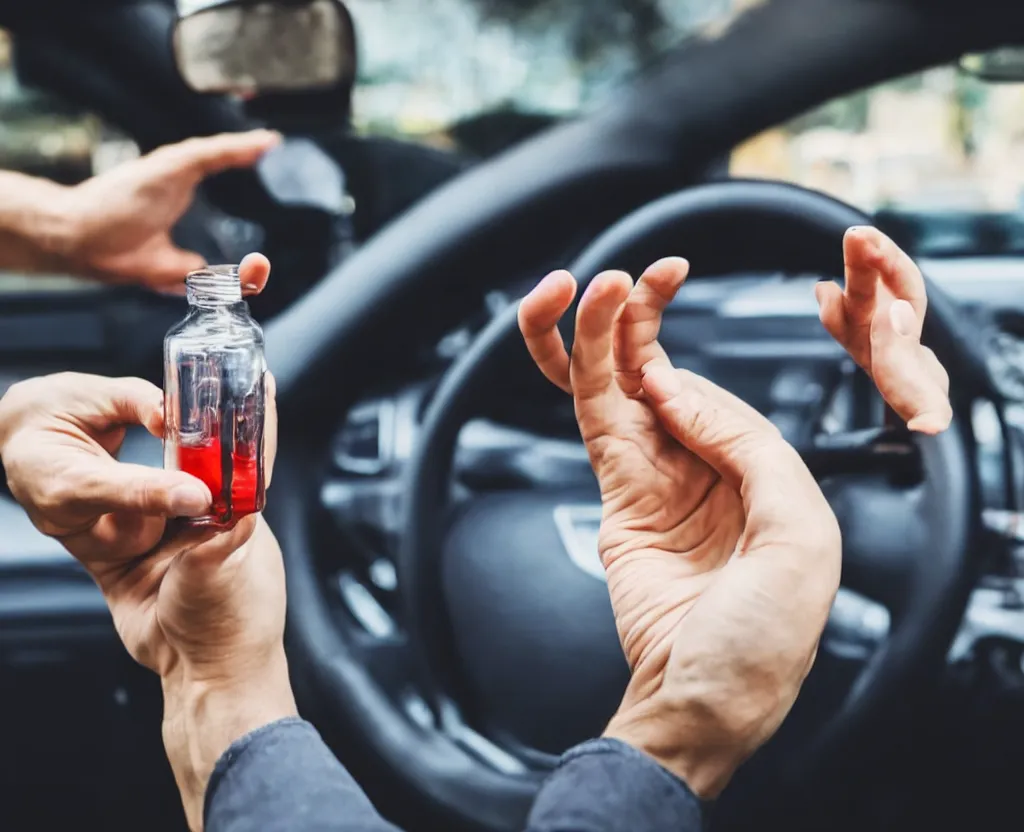 Image similar to first person point of view of man holding gasoline with his hand in a car