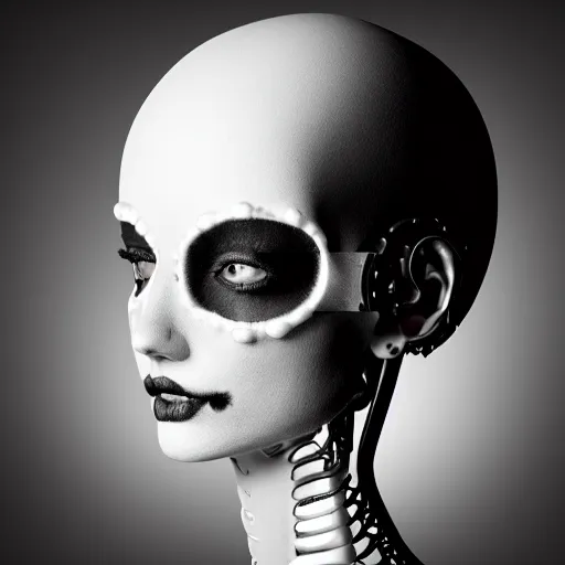 Image similar to black and white dreamy foggy smoky profile face portrait, single skeletal biomechanical beautiful young female cyclops - cyborg - robot bust, body ribs meshes,, volumetric light, rim light, by dora maar and cecile beaton, big gothic fashion pearl embroidered collar, 8 k