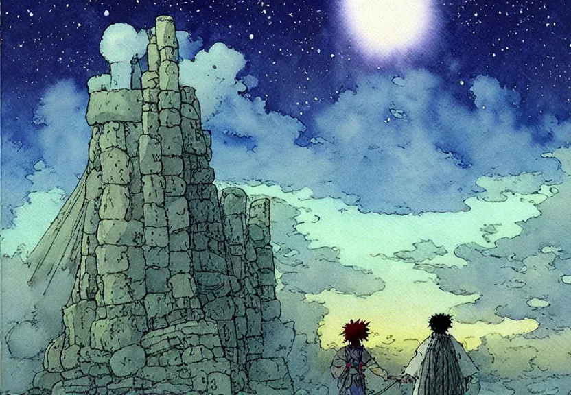 Prompt: a simple watercolor studio ghibli movie still fantasy concept art of a giant shaman from howl's moving castle ( 2 0 0 4 ) towering above stonehenge in the ocean. it is a misty starry night. by rebecca guay, michael kaluta, charles vess