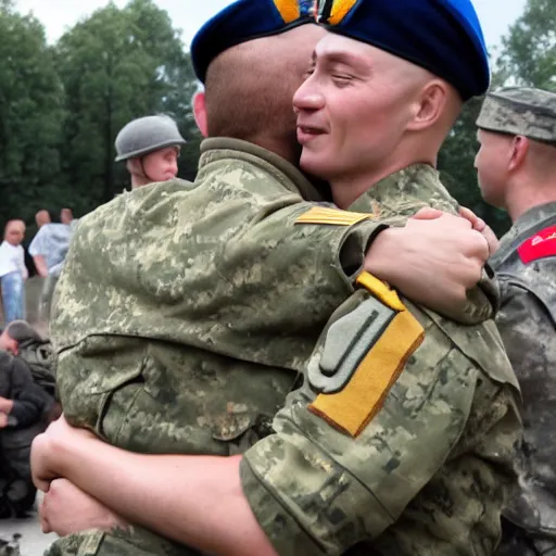 Image similar to a picture of two soldiers. a soldier from ukraine and russia are hugging peacefully