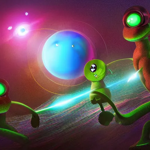 Image similar to laser war between funny creatures on a planet, digital art, award winning 4K