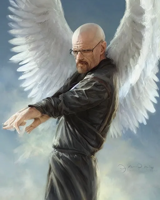 Image similar to walter white winged angel, male!!!!!!!, long white hair, by daniel gerhartz, trending on artstation