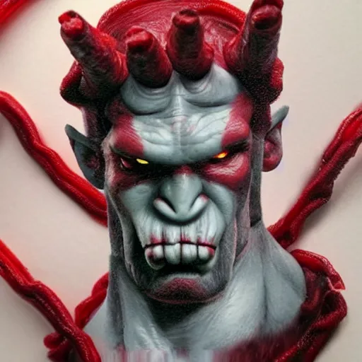 Image similar to realistic hellboy made out of twizzlers, render