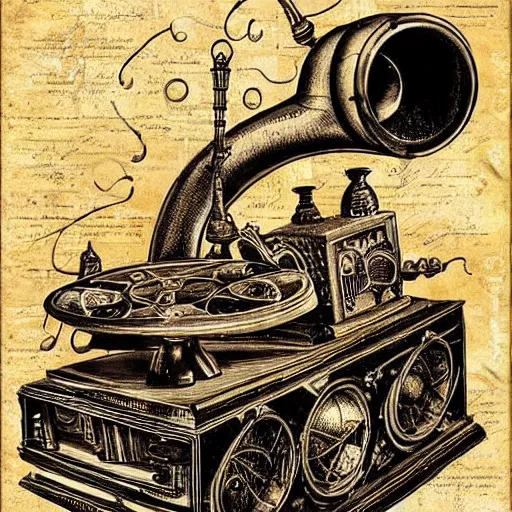 Image similar to “Old steampunk gramophone with antique loudspeakers and lots of wires. Dark, intricate, highly detailed, smooth, 18th century poster in style of Stanislav Vovchuk”