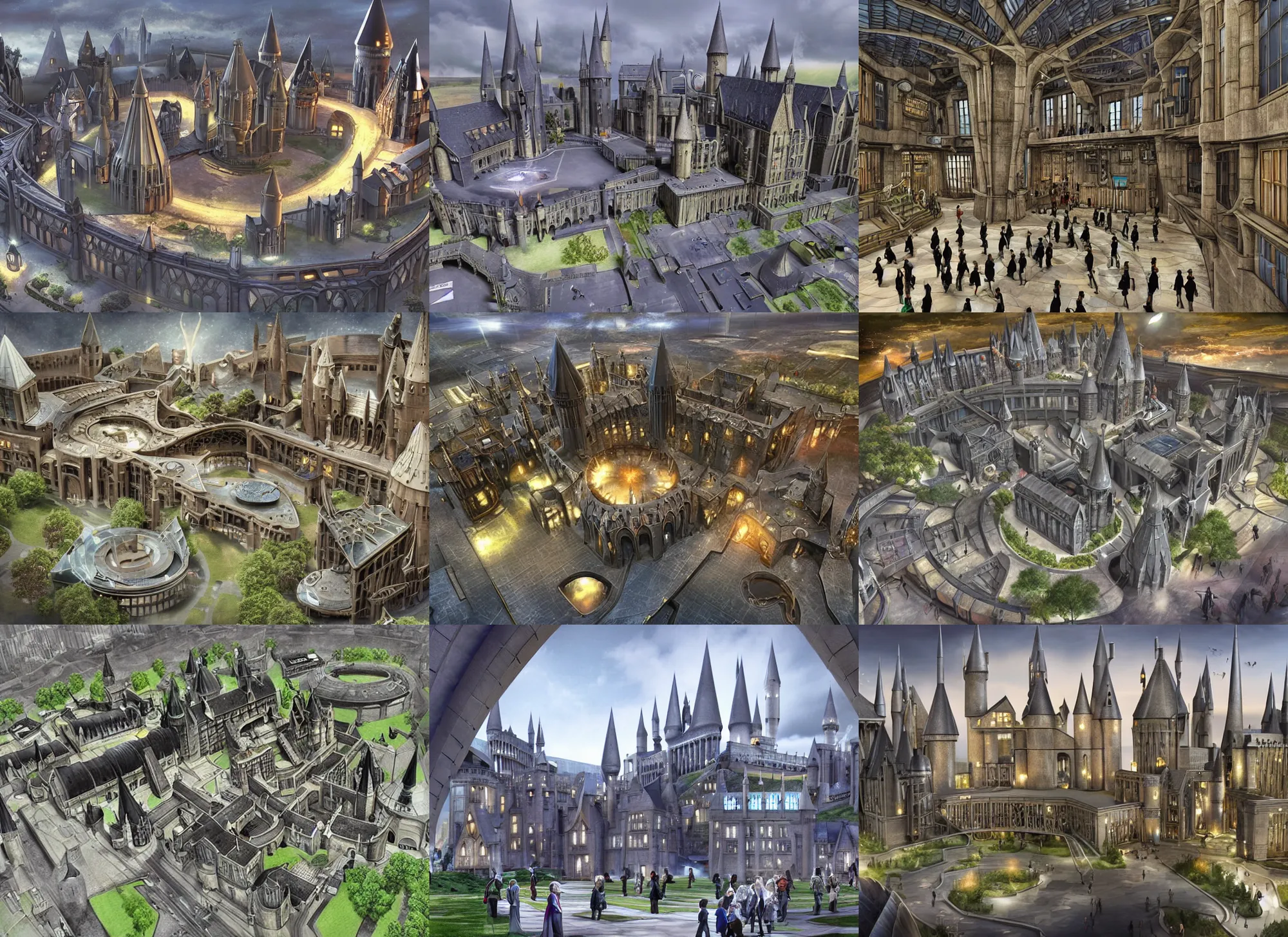 Prompt: a view of a futuristic designed version of the school of witchcraft and wizardry Hogwarts