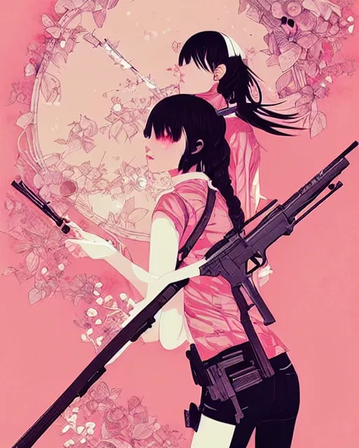 Image similar to girl holding rifle, manga!! detailed manga illustration!! intricate details, aesthetically pleasing pastel colors, poster background, aesthetic details, art by conrad roset and ilya kuvshinov