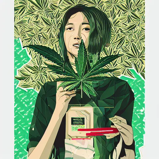 Prompt: Marijuana profile picture by Sachin Teng, asymmetrical, Organic Painting , Leaf Green, adidas, Green smoke, Impressive, Award Winning, Warm, Good Vibes, Positive, geometric shapes, hard edges, energetic, intricate background, graffiti, street art:2 by Sachin Teng:4