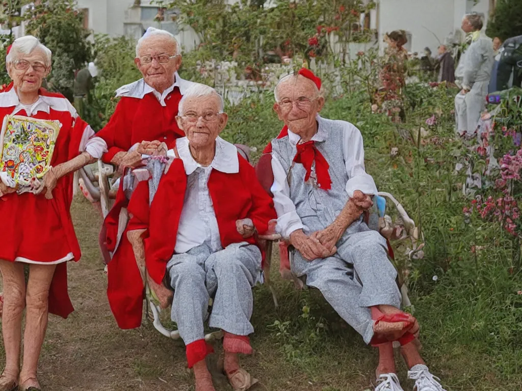 Image similar to a martin parr photo of a grandpa couple, wearing codex seraphinianus costumes