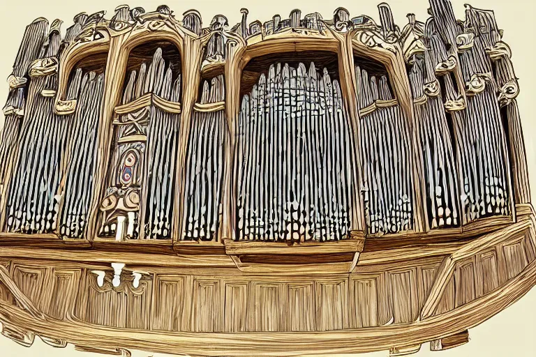 Image similar to A cell animation of a magical pipe organ made of wood, Miyazaki Hayao, ghibli style, illustration, anime, trending on artstaion