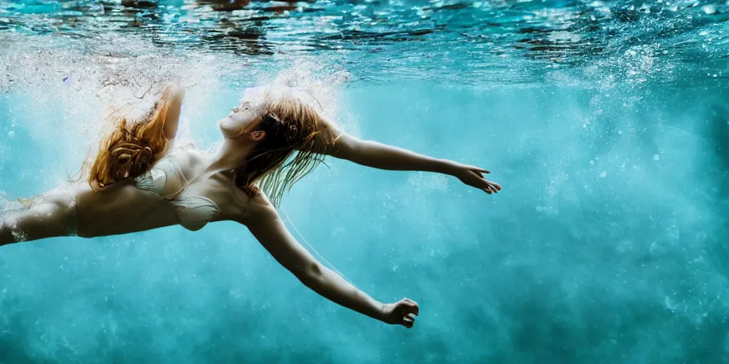 Image similar to woman swimming and breaking the surface of the water, underwater photography with light scattering and water refractions, smooth