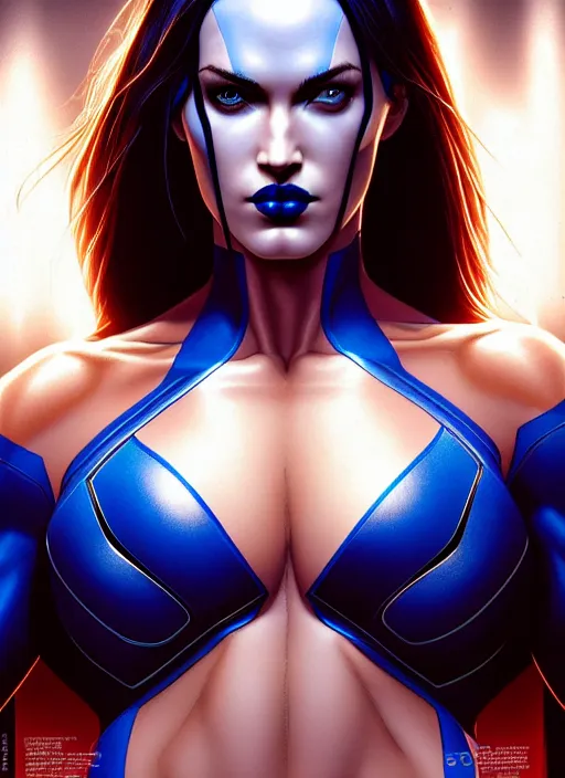 Image similar to symmetry!! gantz portrait of megan fox as mystique, unholy, intricate, highly detailed, dynamic lighting, digital art, digital painting, artstation, terence nielsen, sharp focus, illustration, art by artgerm and greg rutkowski and moebius, 8 k