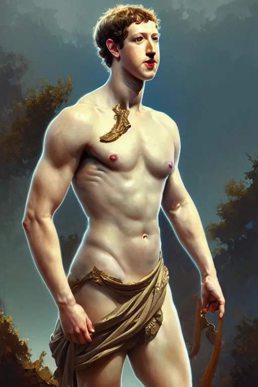 Image similar to Mark Zuckerberg as a Greek god, gorgeous, amazing, muscular, fit, very muscular male body, intricate, highly detailed, digital painting, artstation, concept art, sharp focus, illustration, art by greg rutkowski and alphonse mucha