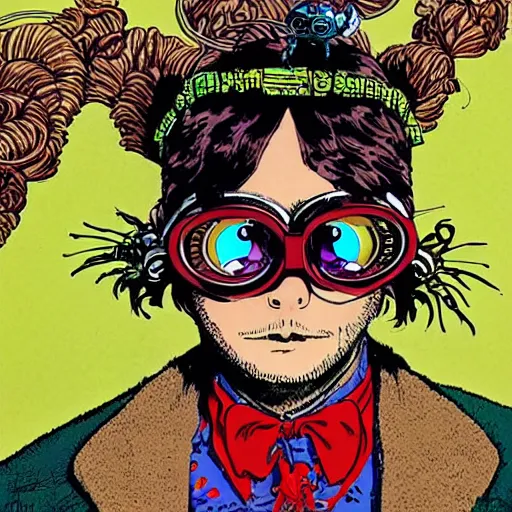 Image similar to a eccentric goth guy wearing goggles and eclectic jewelry, aesthetic!!!, by geof darrow, by jamie hewlett,