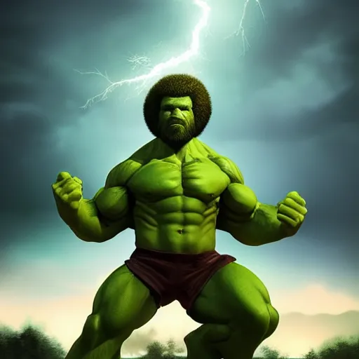 Image similar to photomanipulation of BOB ROSS as hulk with human flesh, marvel, fully detailed, volumetric lightening, octane render, 8k, masterpiece, epic composition