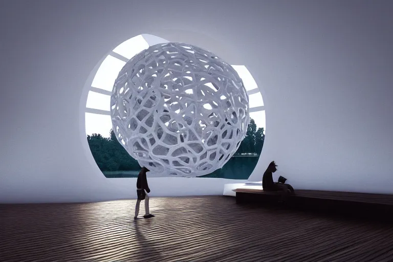 Image similar to a life building formed by the intersection and combination of many white spheres and egg shaped spaces ， by pierre bernard, on the calm lake, people's perspective, future, interior wood, dusk, unreal engine highly rendered, global illumination, radial light, internal environment