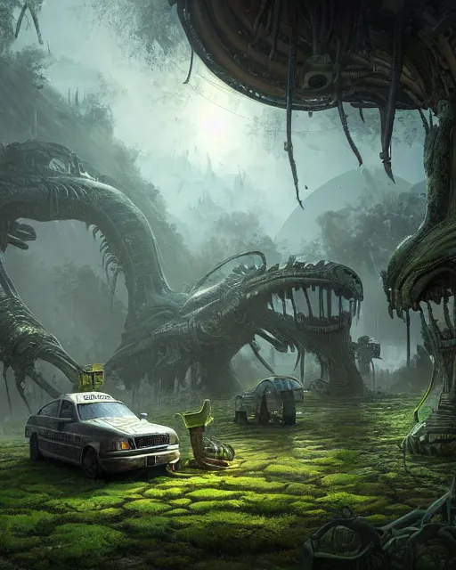 Image similar to xenomorph taxi car in a fantasy village, calming, uplifting mood, ultra realistic, farm, small buildings, highly detailed, atmosphere, masterpiece, epic lighting, elves, green plants, magic, illuminated, 4 k, cinematic, morning sun, art by eddie mendoza and sylvain sarrailh and jonathan berube