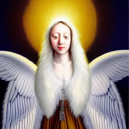 Prompt: highdetailed hyperrealistic painting of white angel!!! no gender!!!, giant ball of miracle light from the chest!!!!!, white sparkles everywhere, 4 k hd fur face!!!, big wings, by jan van eyck, holography space, glow effect, large strokes, white monochrome color!!!!!