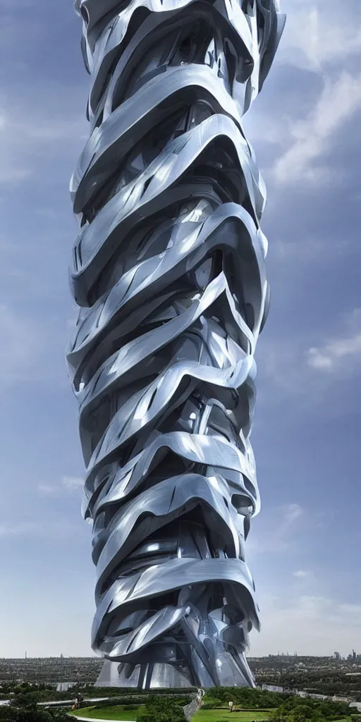 Image similar to epic futuristic tower, highly detailed, realistic, by zaha hadid