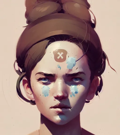 Image similar to portrait of a woman raised on the island face tatooes by atey ghailan, by greg rutkowski, by greg tocchini, by james gilleard, by joe fenton, by kaethe butcher, by craig mullins, dynamic lighting, gradient light blue, brown, blonde cream and white color scheme, grunge aesthetic